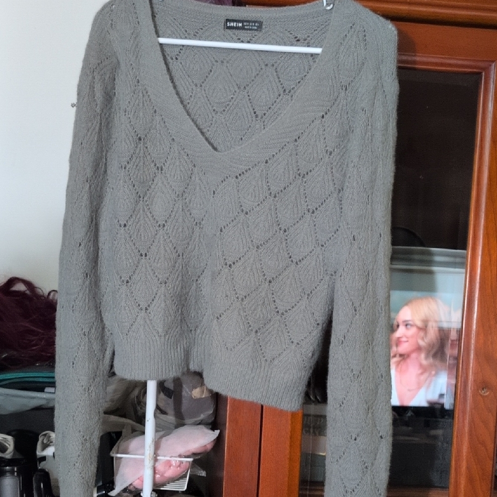 SHEIN Gray V-Neck Textured Sweater